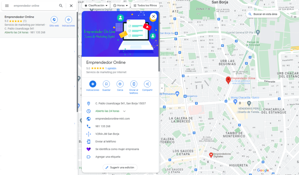 Captura de Pantalla de Emprendedor Online en el mapa de Google. 